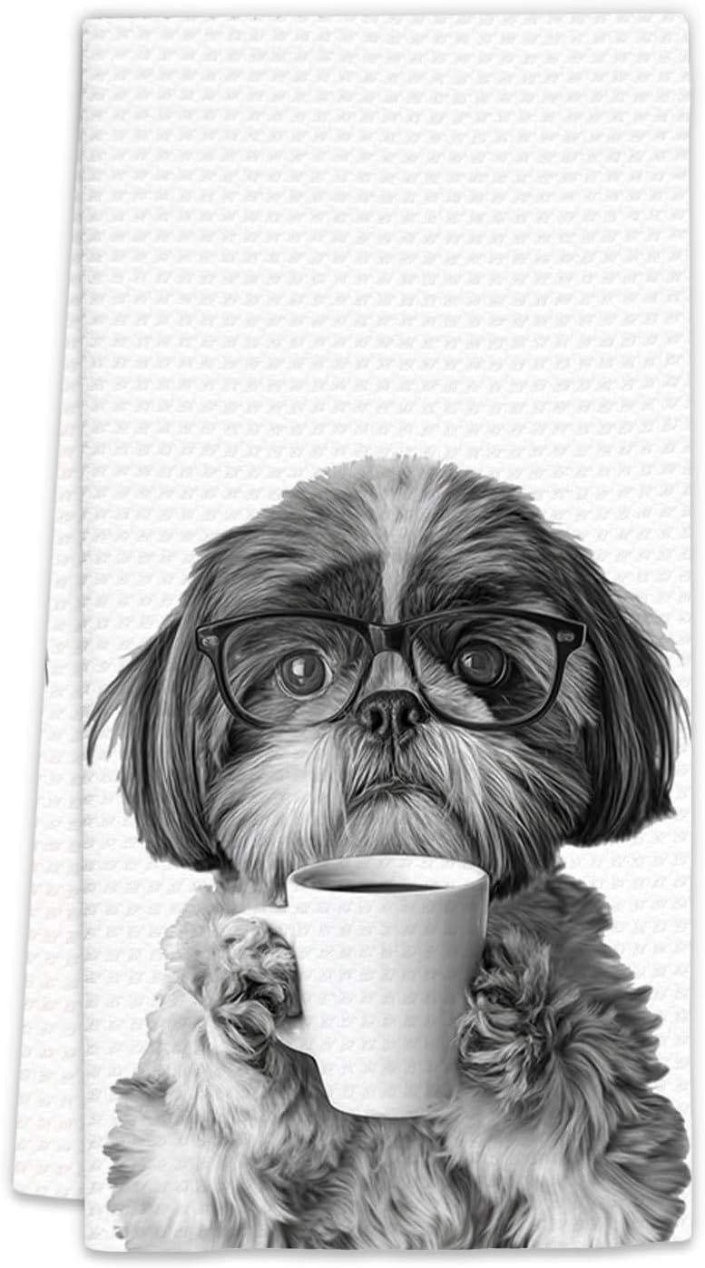 FIicy Shih Tzu Gifts Coffee Kitchen Towels, Gifts for Dog Coffee Lovers Decorative Hand Dish Tea Towel for Kitchen Home Bar, Funny Shih Tzu Dog Owners CoffeeBar Decor(16x24In) - Image 1